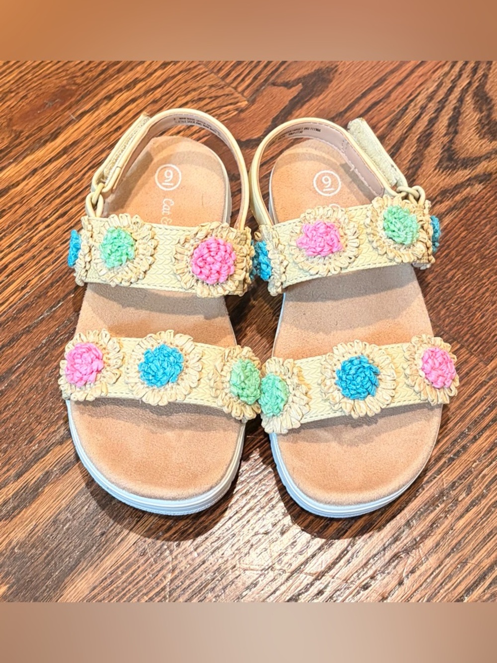 Cat & Jack Tan Braided Sandals with Pink, Blue & Green Crochet Flowers
